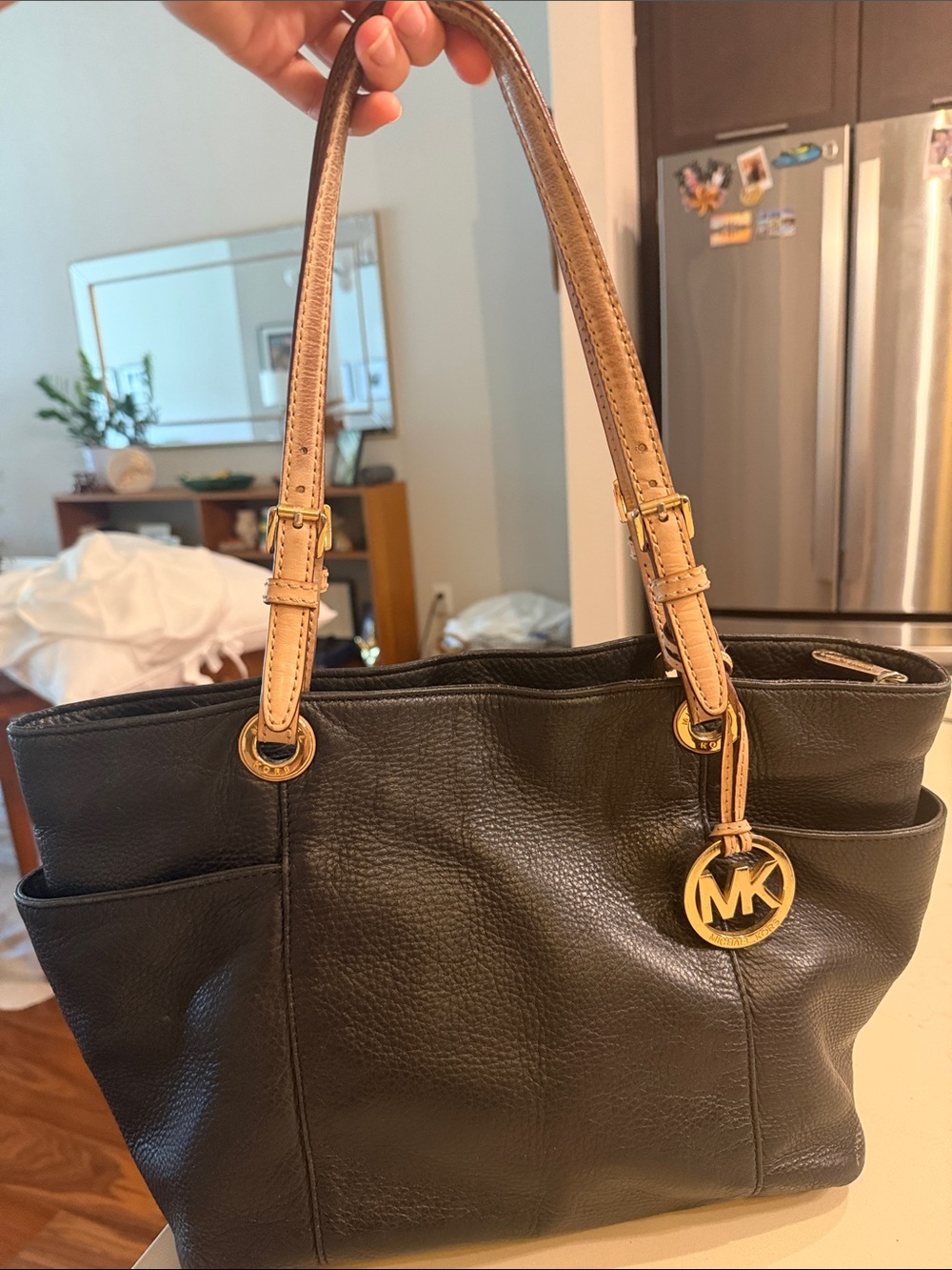 Michael Kors Black Leather Tote with Tan Straps and Gold MK Charm